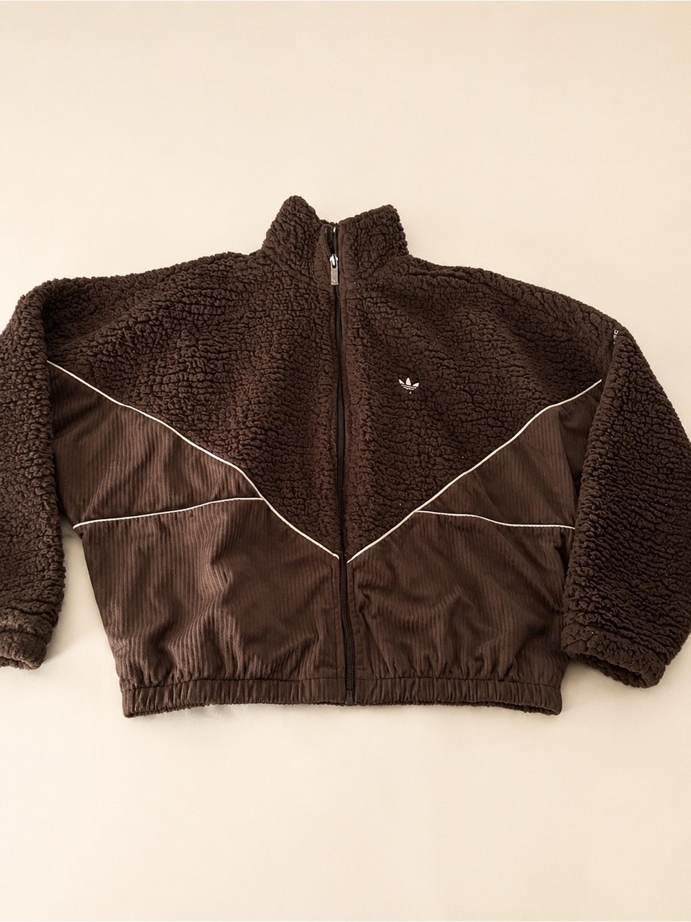Adidas Sherpa and corduroy mixed material bomber jacket.